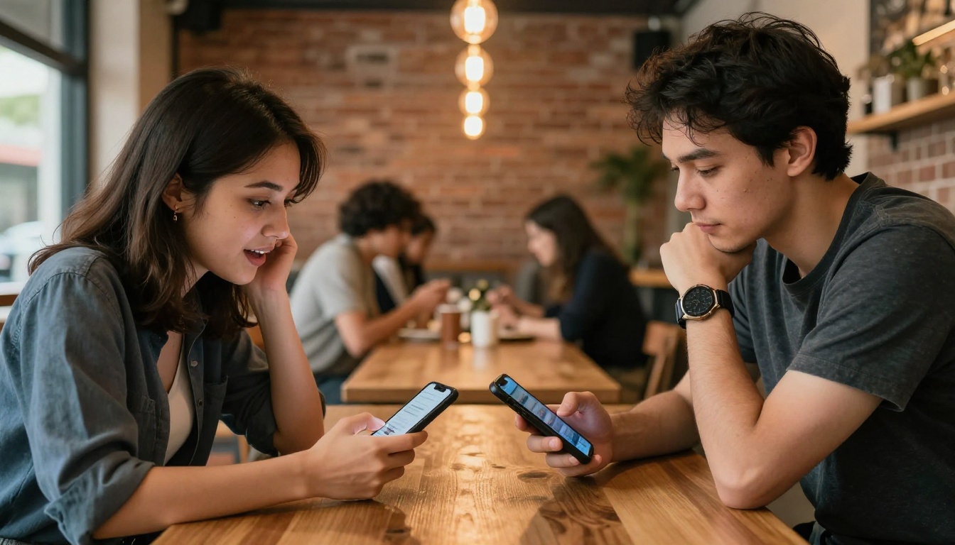 Two content creators sitting side by side in a warm amber-lit cafe, comparing their phones showing AI-generated content Two content creators sitting side by side in a warm amber-lit cafe, comparing their phones showing AI-generated content