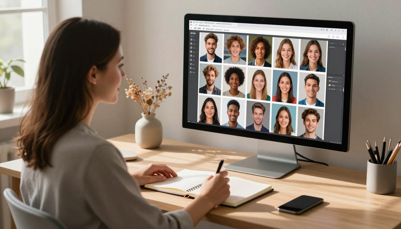A woman sitting at a bright Scandinavian desk, smiling while browsing a grid of AI-generated portraits on a widescreen monitor A woman sitting at a bright Scandinavian desk, smiling while browsing a grid of AI-generated portraits on a widescreen monitor