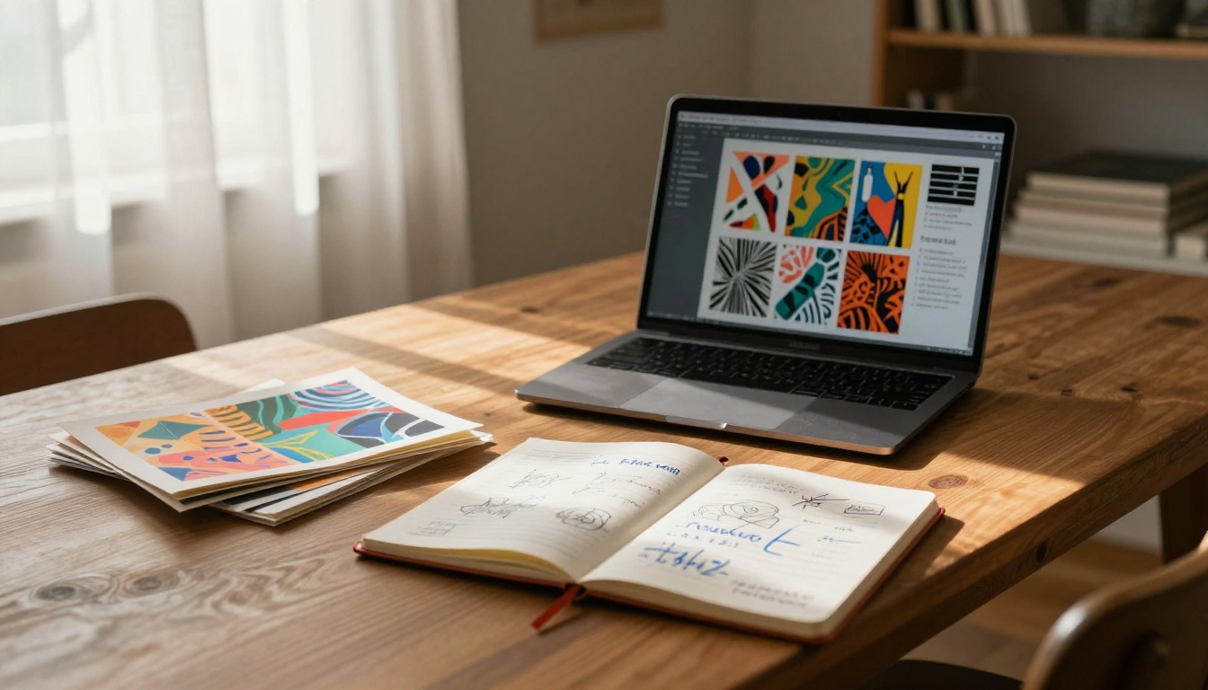 Creative workspace with laptop open showing a colorful image portfolio