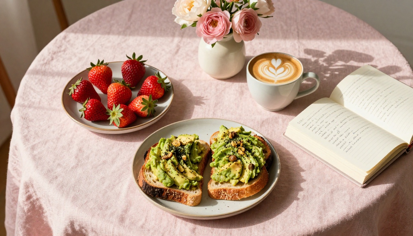 Elegant lifestyle breakfast flat lay with coffee and fresh fruit Elegant lifestyle breakfast flat lay with coffee and fresh fruit