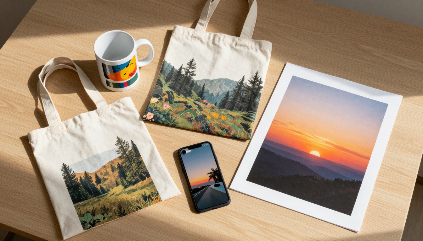 Flat-lay overhead view of print-on-demand products including mugs, tote bags, and art prints