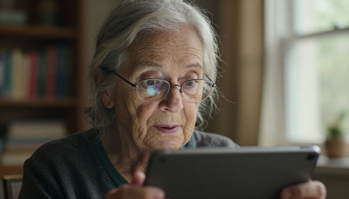 Elderly grandmother with glowing delight looking at AI artwork on tablet