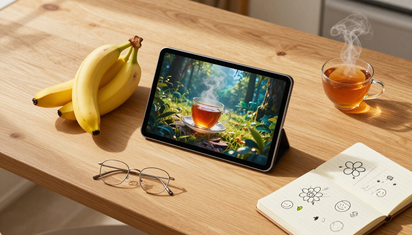Top-down aerial view of ripe banana and tablet showing AI artwork on wooden table with morning light