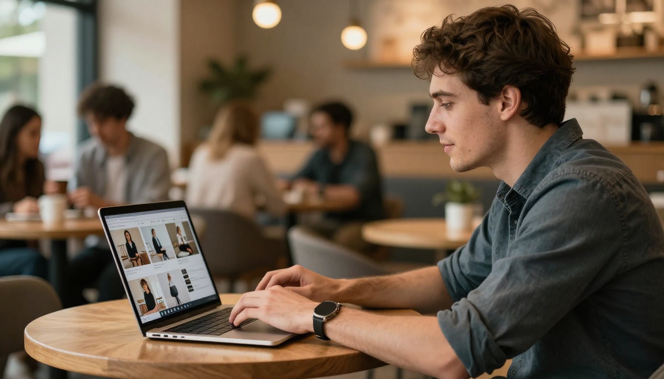 Young professional presenting AI image portfolio to a client at a cafe table