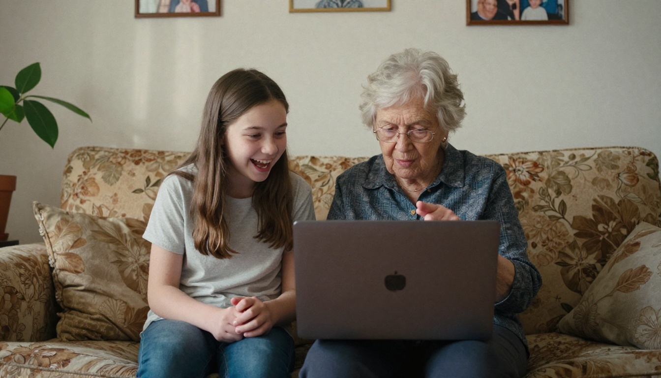 Grandmother and teenage granddaughter sharing laptop screen together on cozy couch, warm afternoon light