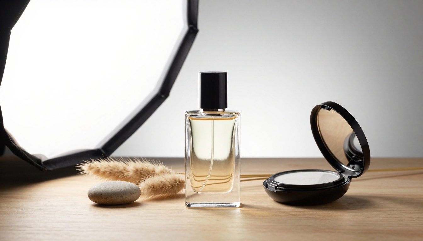 High-end product photography layout with perfume and skincare items High-end product photography layout with perfume and skincare items