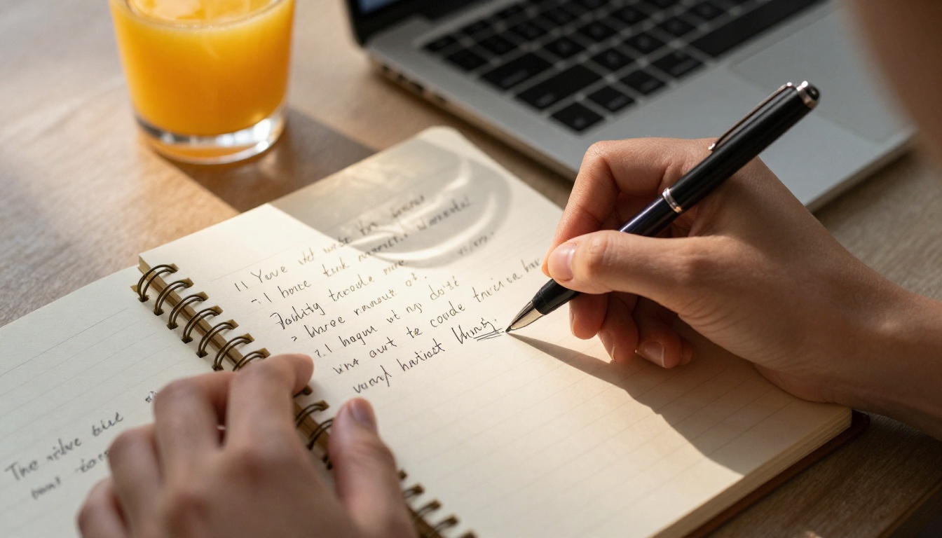 Woman's hands writing detailed prompts in a spiral notebook beside an open laptop