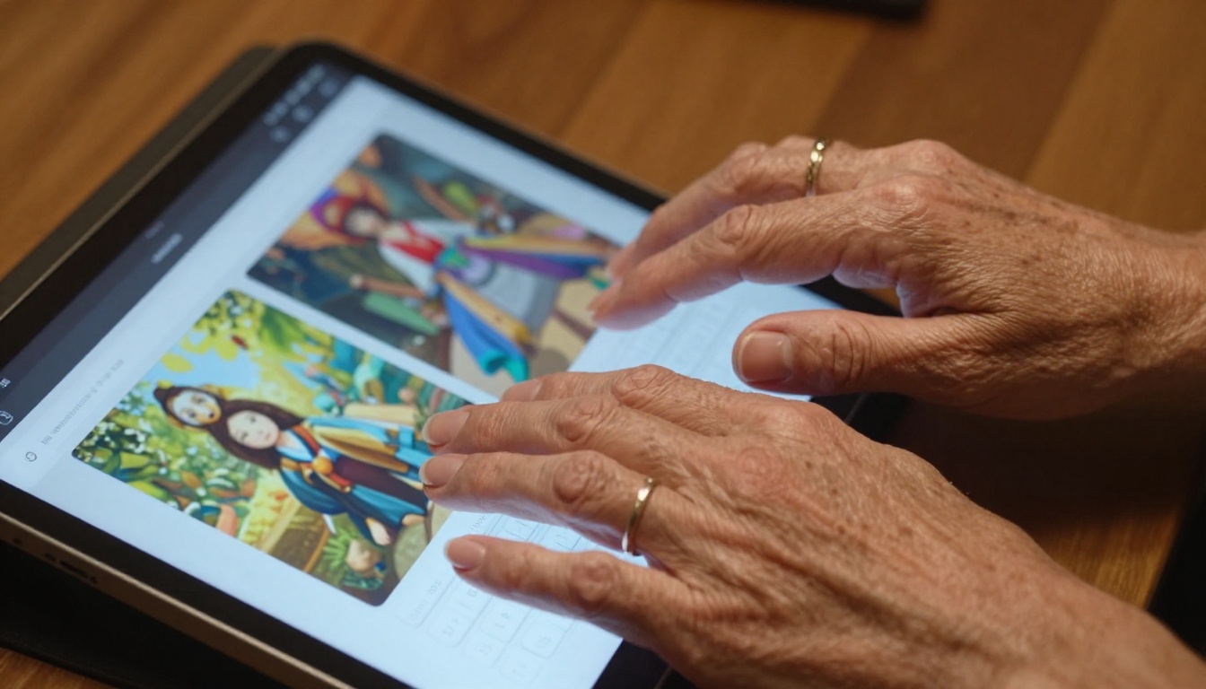Close-up of aged hands typing on tablet with AI art interface glowing on screen
