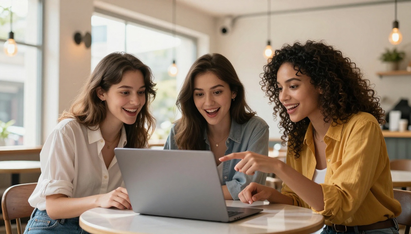 Group of women excitedly viewing AI-generated content on a laptop in a bright cafe Group of women excitedly viewing AI-generated content on a laptop in a bright cafe