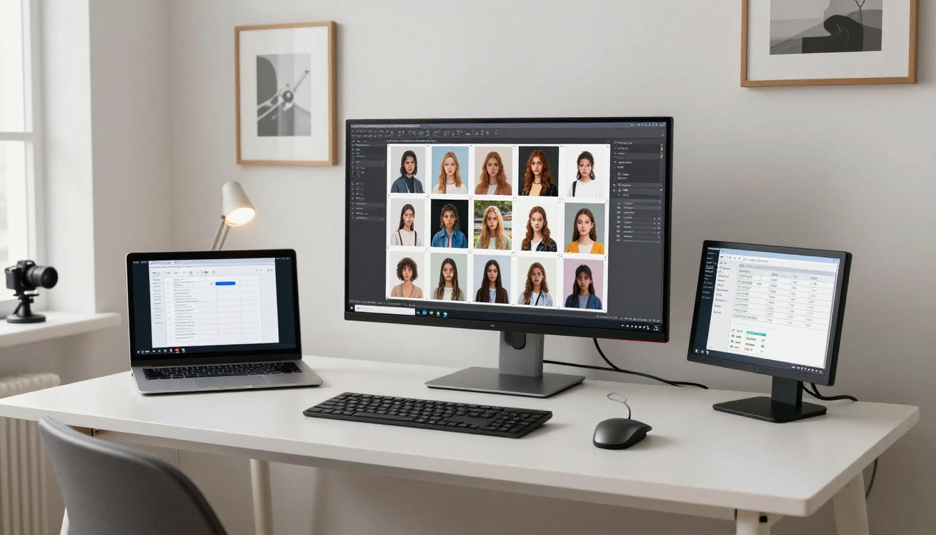 Minimal dual-monitor home studio setup displaying a large batch of AI images in a grid