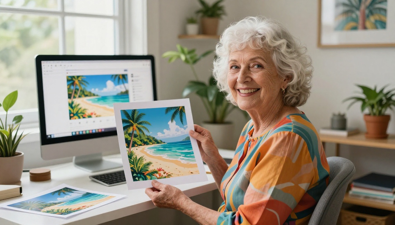 Senior woman smiling proudly at home desk holding printed AI artwork of tropical beach scene