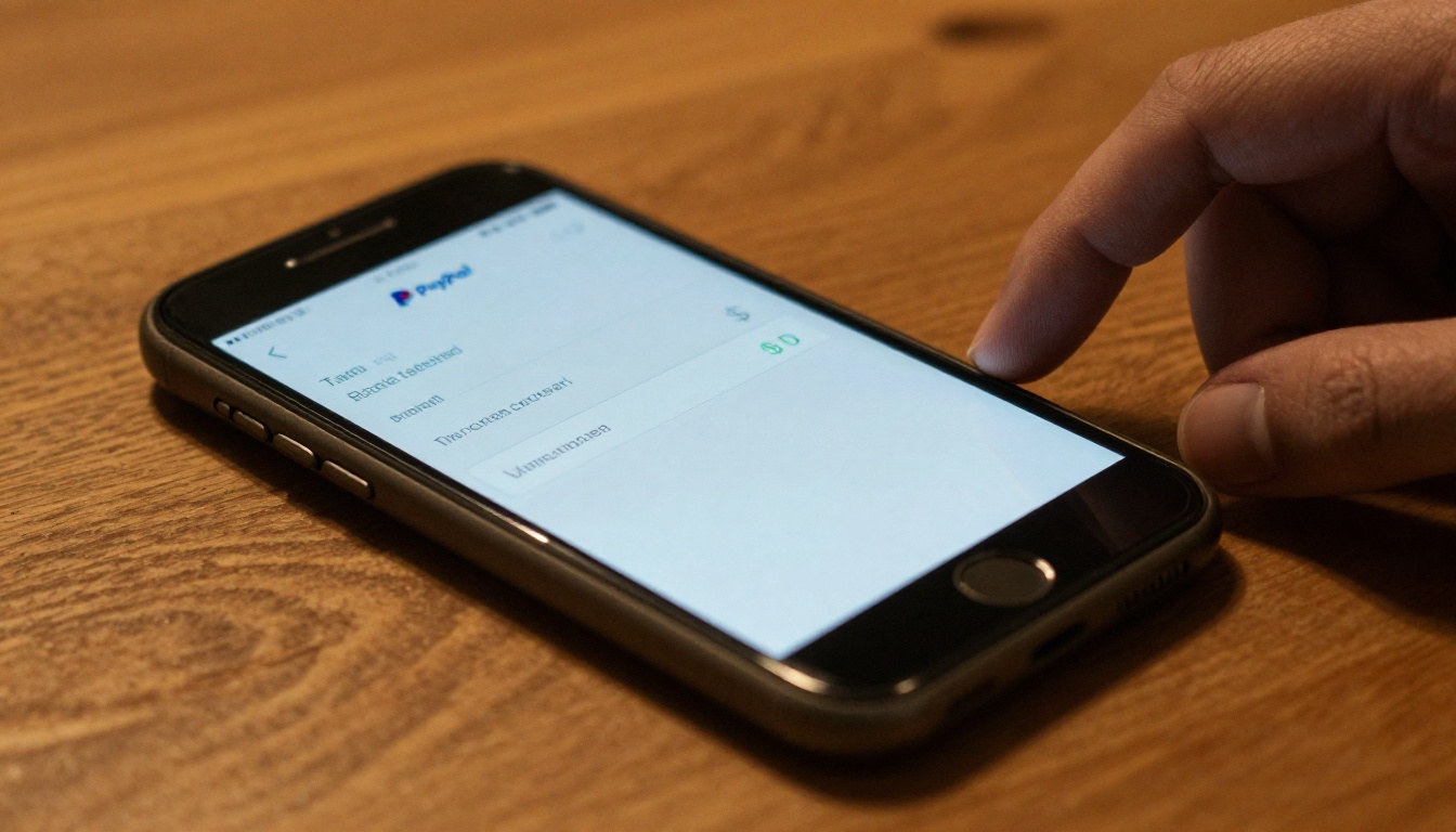 Smartphone lying flat on a wooden table showing a payment received notification