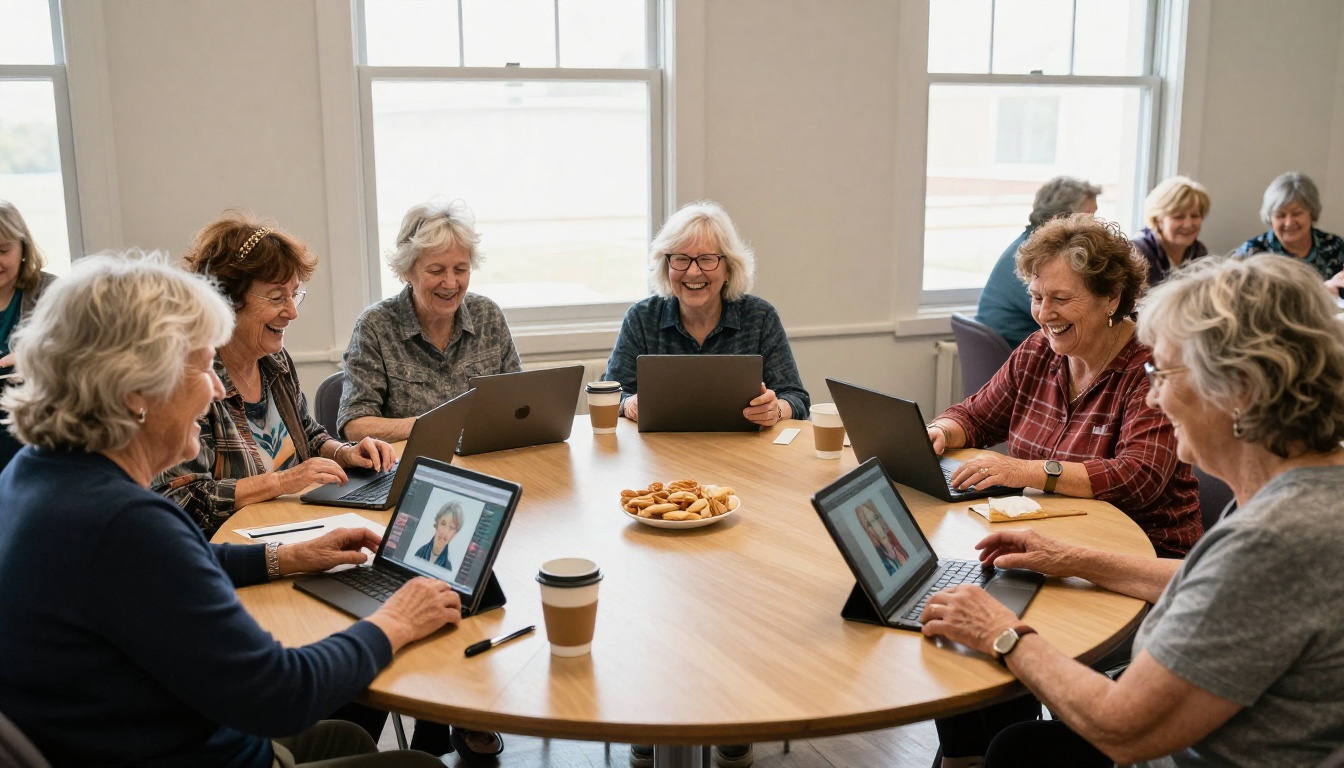 Group of elderly women at community center all using tablets and laughing together