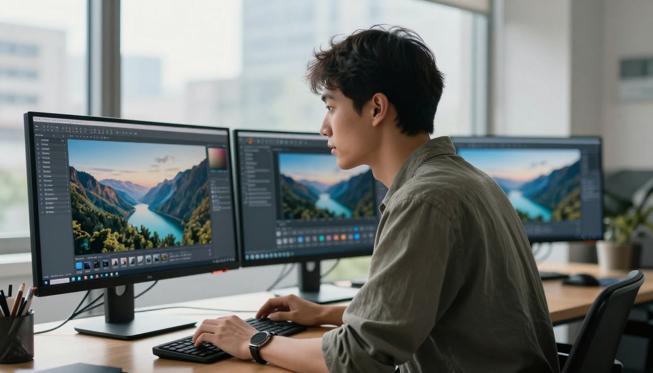 Creative professional scanning two monitors at a standing desk, comparing prompt input to image output