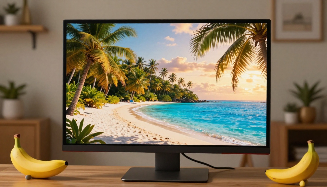 High-resolution monitor displaying vibrant AI tropical landscape artwork, small banana figure beside it