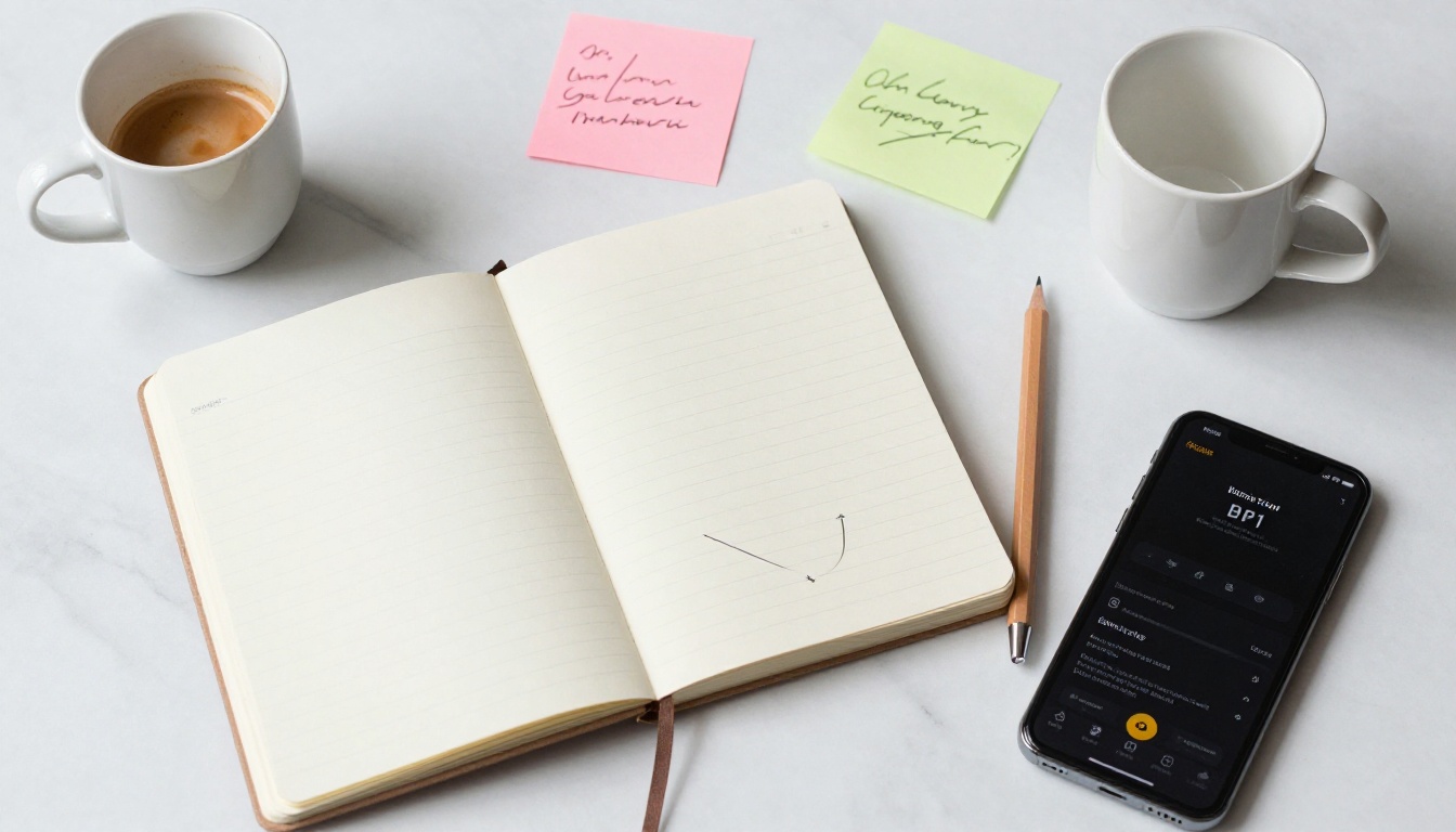 Creative workspace with prompt notes and social media analytics