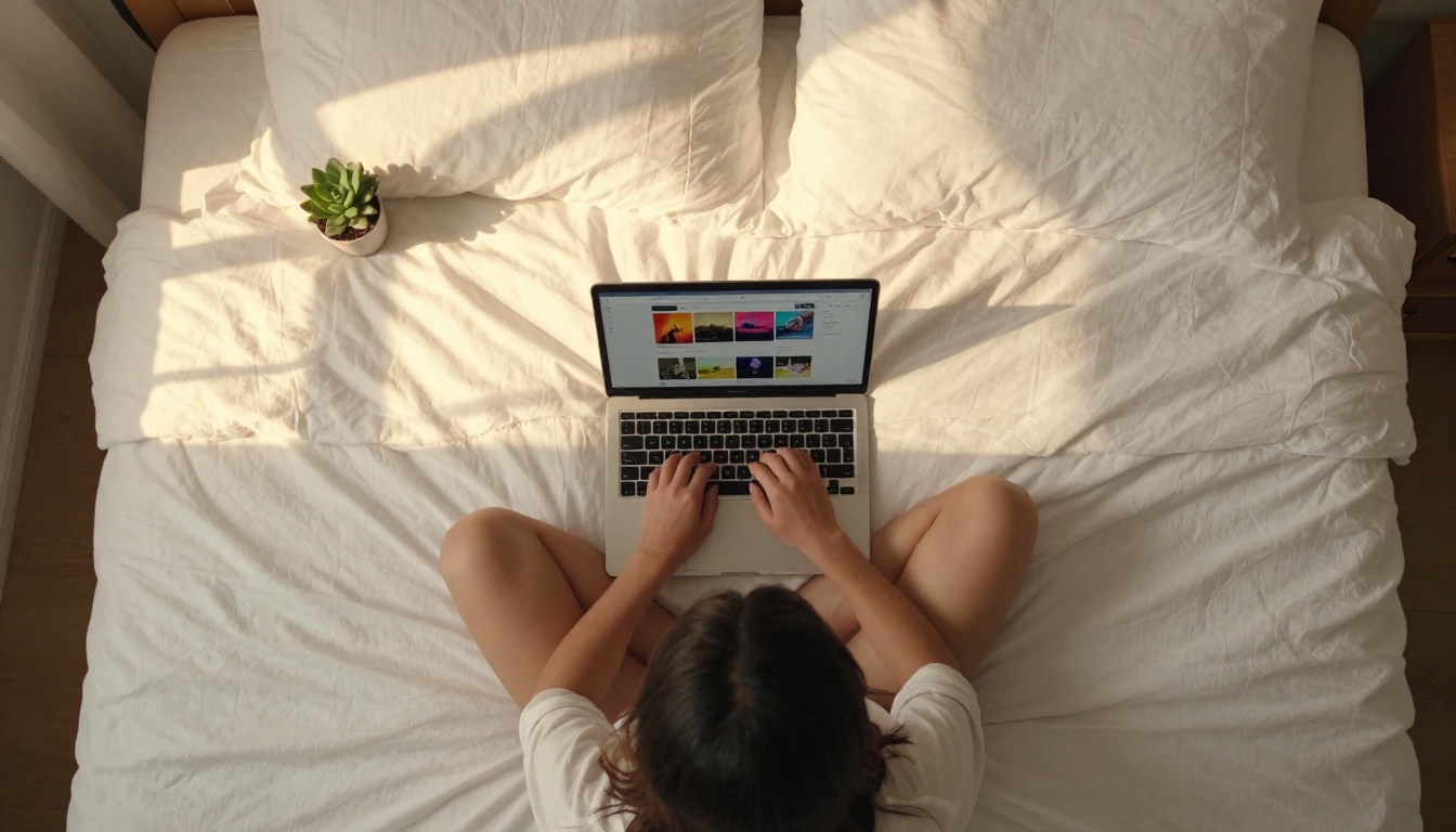 Person sitting cross-legged on a bed with laptop open showing a creative platform interface in golden hour light
