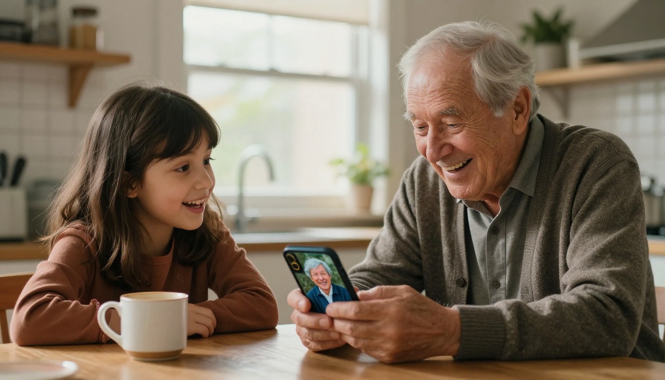 Elderly man in cardigan showing smartphone AI portrait to adult daughter at kitchen table, warm morning light
