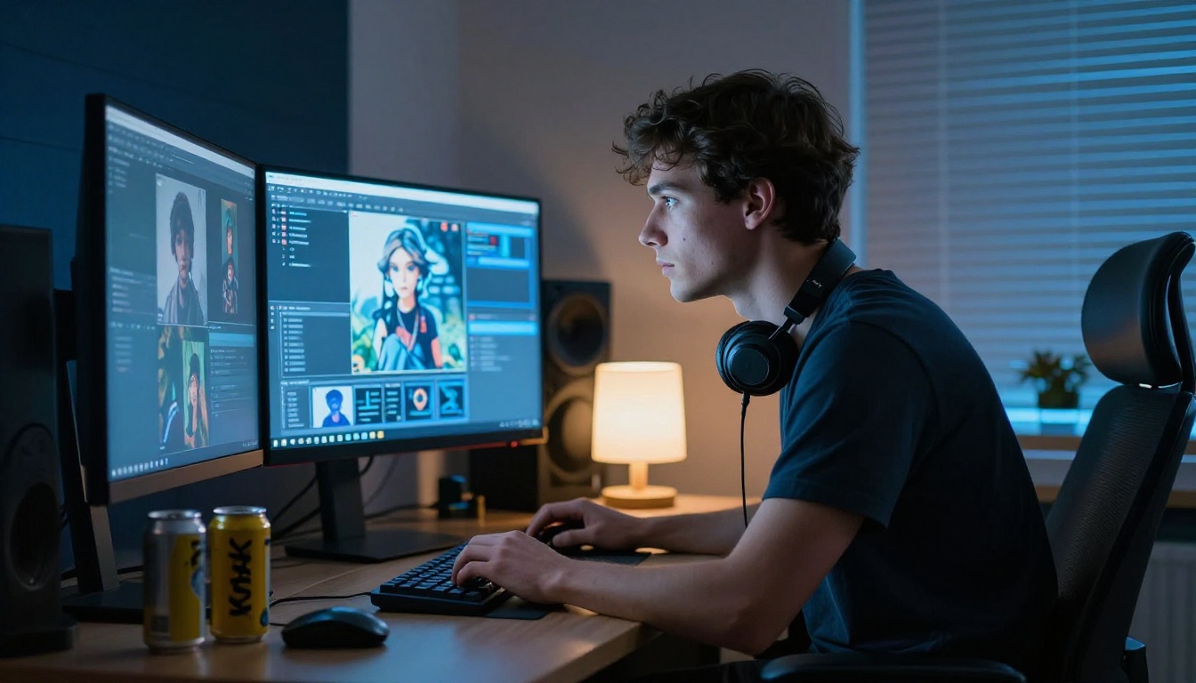 Late-night creator working on multiple AI image outputs