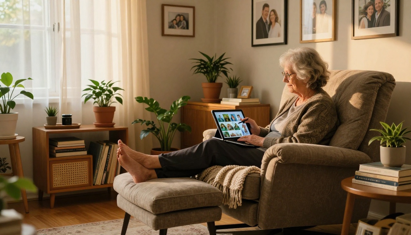 Elderly woman in comfortable armchair browsing personal AI art gallery on tablet, warm golden afternoon light