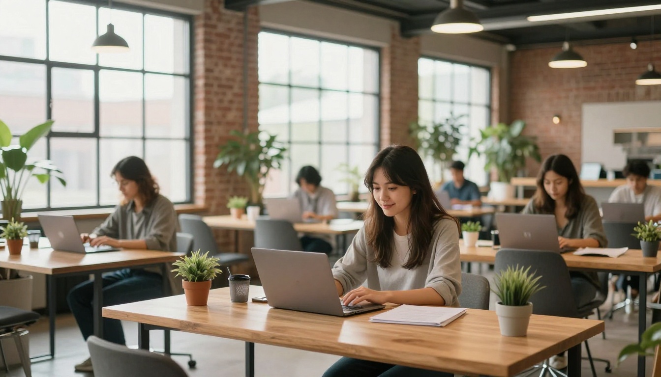 Modern co-working space with creatives generating AI images