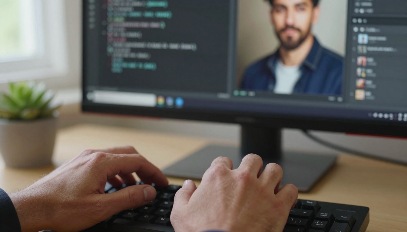 Hands typing a prompt on a keyboard with AI image appearing on monitor