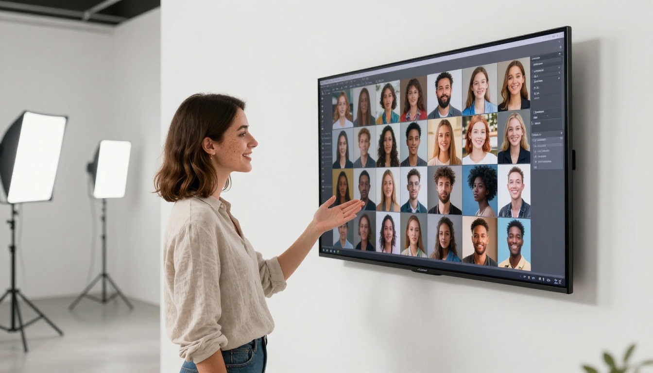 Woman pointing at a gallery of AI-generated portraits on a large monitor