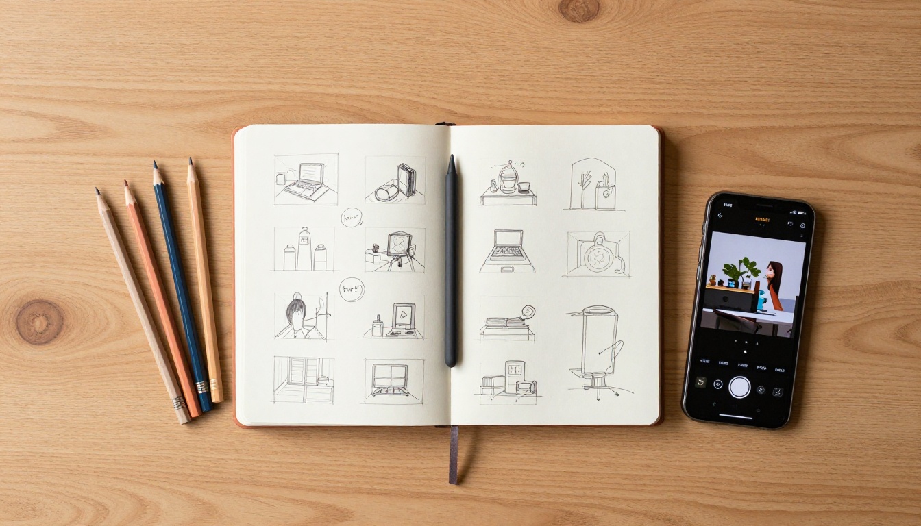 Flat-lay creative workspace with sketches and design tools
