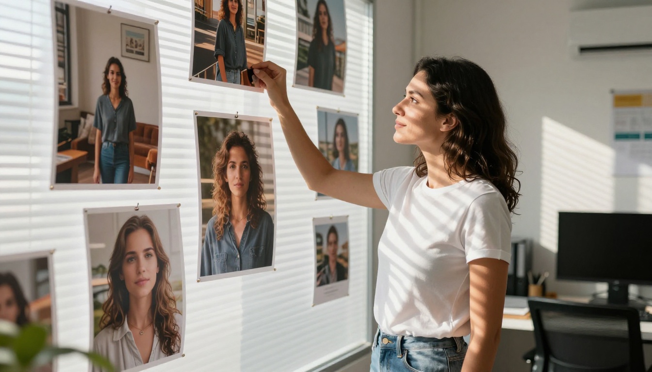 Creative professional reviewing AI-generated photos on a display board