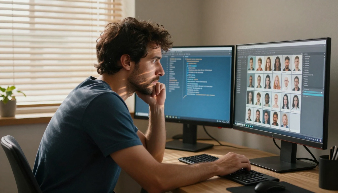 Man at dual monitor workstation studying AI-generated portrait results