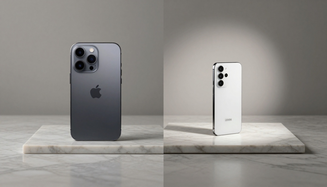 Smartphone showing AI image editing comparison on marble surface