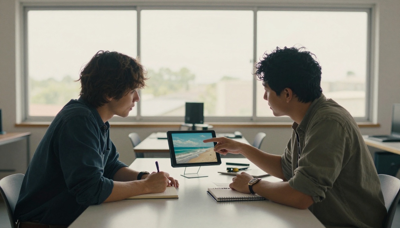 Two people collaborating at a desk with a tablet showing AI-generated beach landscape images