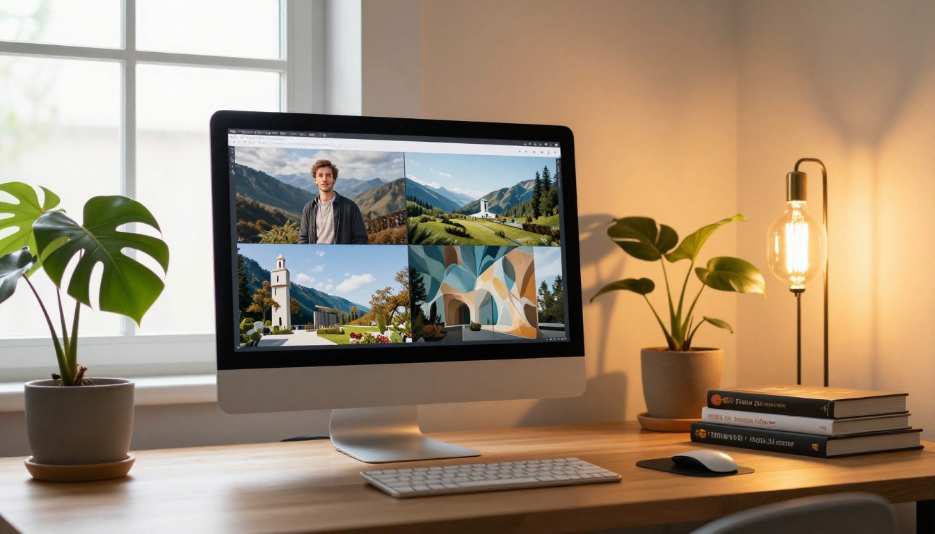 Creative workspace with iMac showing a comparison of four AI-generated images