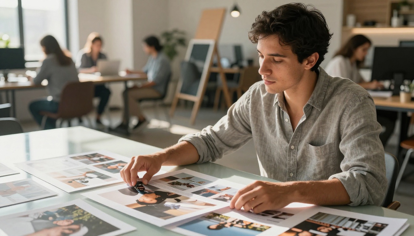 Man reviewing printed AI photo portfolio at a glass table