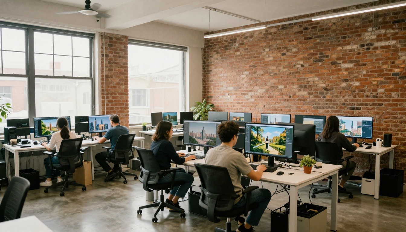 Wide studio shot with multiple creative professionals at workstations displaying AI-generated images