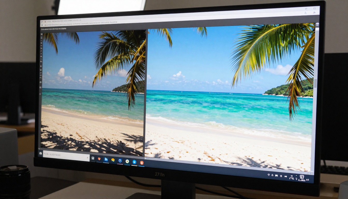 Monitor displaying AI before-and-after image comparison with background replacement Monitor displaying AI before-and-after image comparison with background replacement