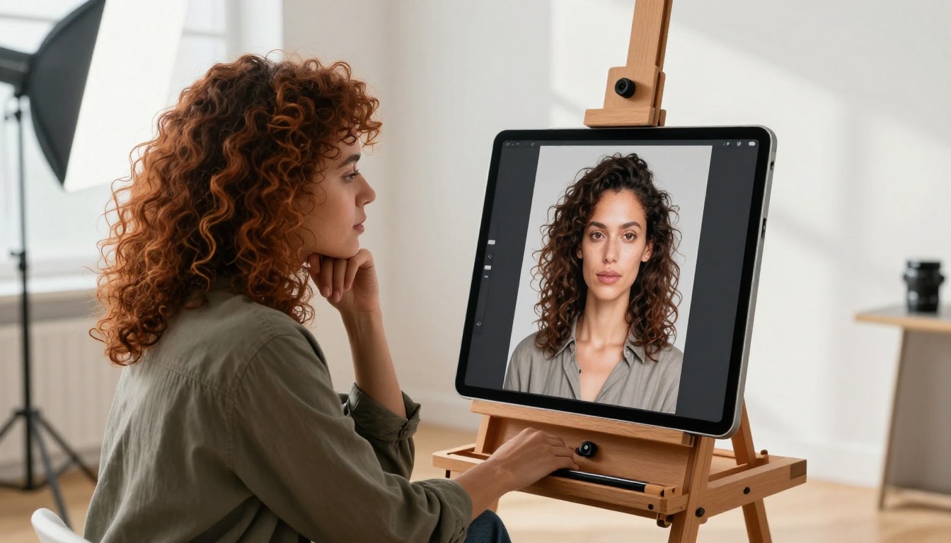 Female photographer reviewing AI portrait variations on a tablet easel Female photographer reviewing AI portrait variations on a tablet easel