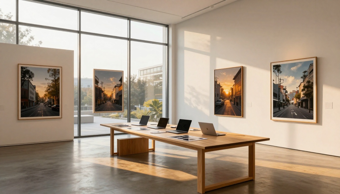 Bright creative studio with framed AI-generated art prints on white walls Bright creative studio with framed AI-generated art prints on white walls