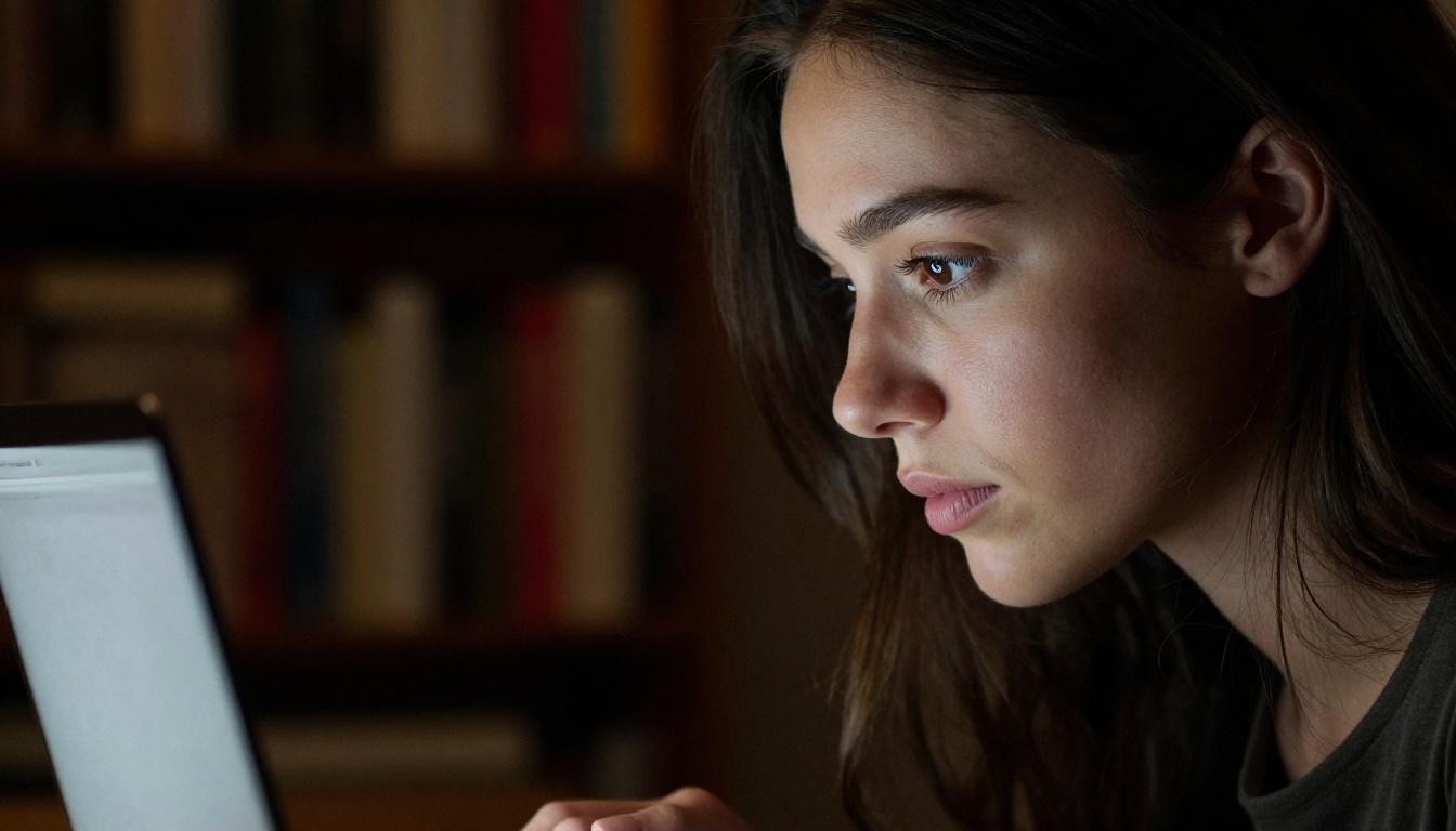 Woman concentrating on laptop screen in dramatic chiaroscuro home studio lighting Woman concentrating on laptop screen in dramatic chiaroscuro home studio lighting