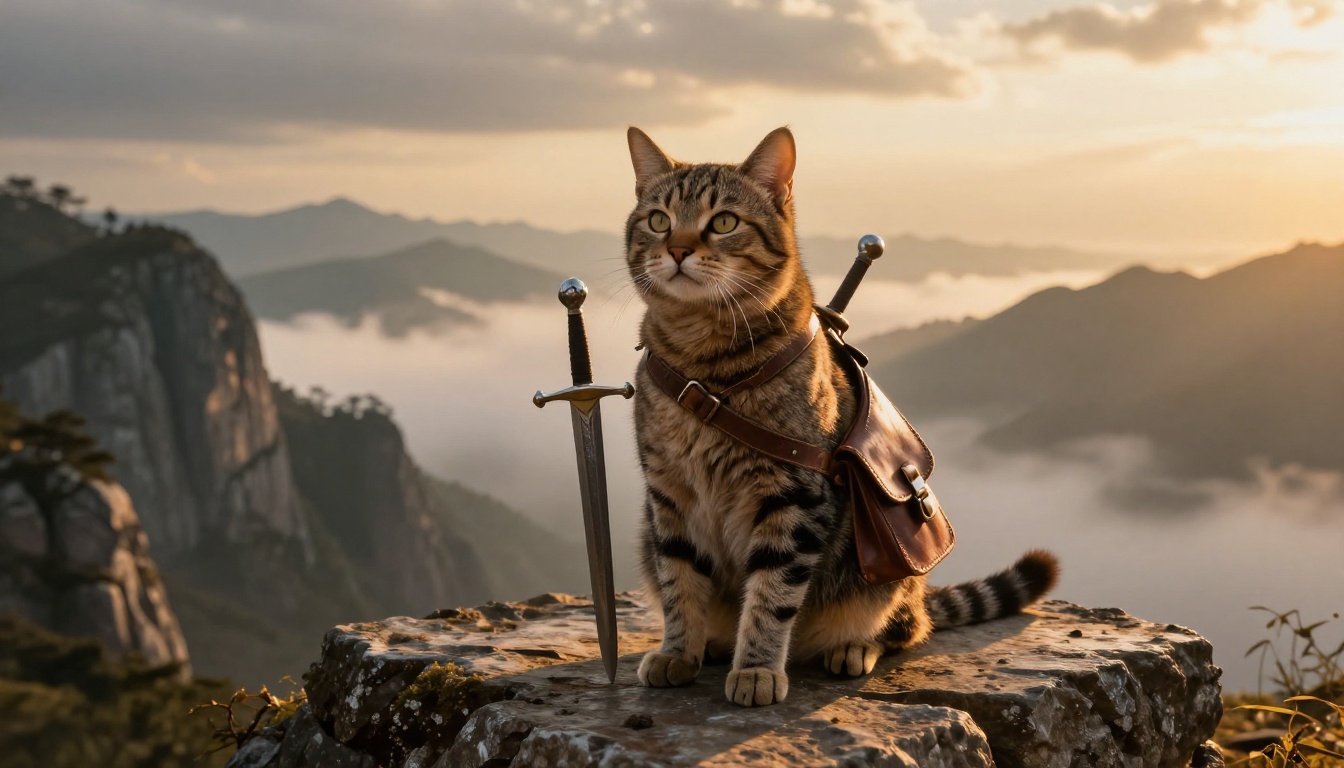 A photorealistic domestic tabby cat as a fantasy warrior adventurer at the edge of an ancient stone cliff overlooking misty mountains at golden hour A photorealistic domestic tabby cat as a fantasy warrior adventurer at the edge of an ancient stone cliff overlooking misty mountains at golden hour