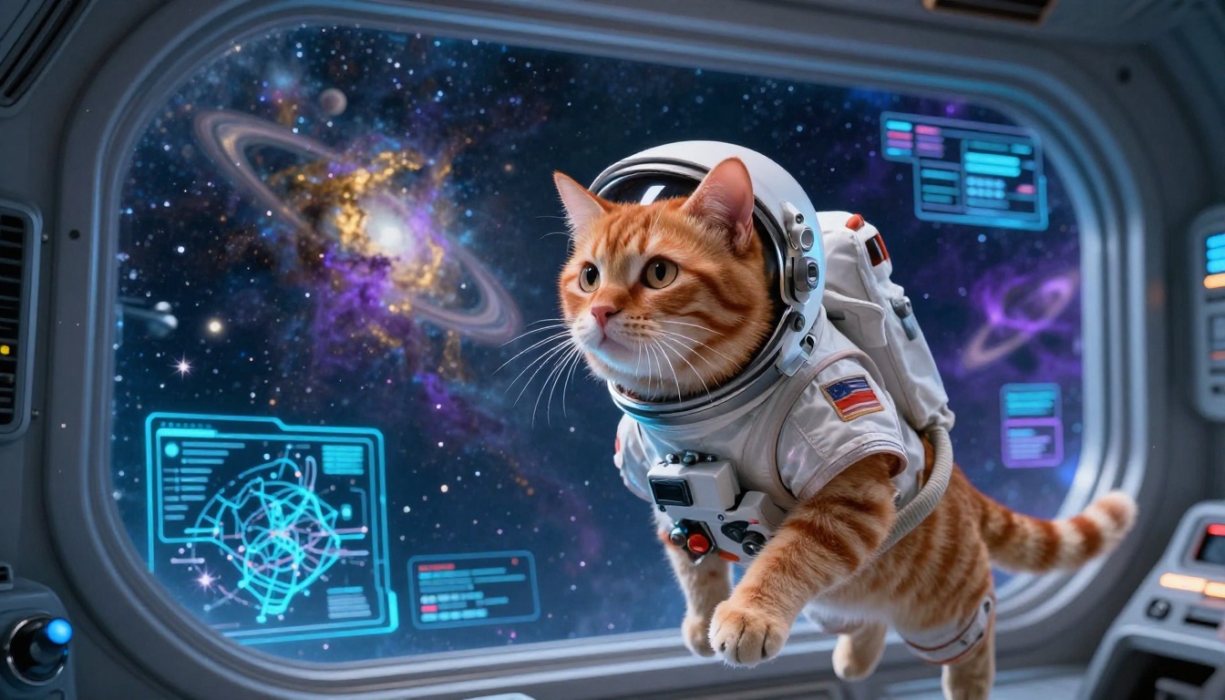 An orange tabby cat in a miniature astronaut suit in a sci-fi spacecraft cockpit, looking out at a nebula through the viewport, cool blue and violet ambient light An orange tabby cat in a miniature astronaut suit in a sci-fi spacecraft cockpit, looking out at a nebula through the viewport, cool blue and violet ambient light
