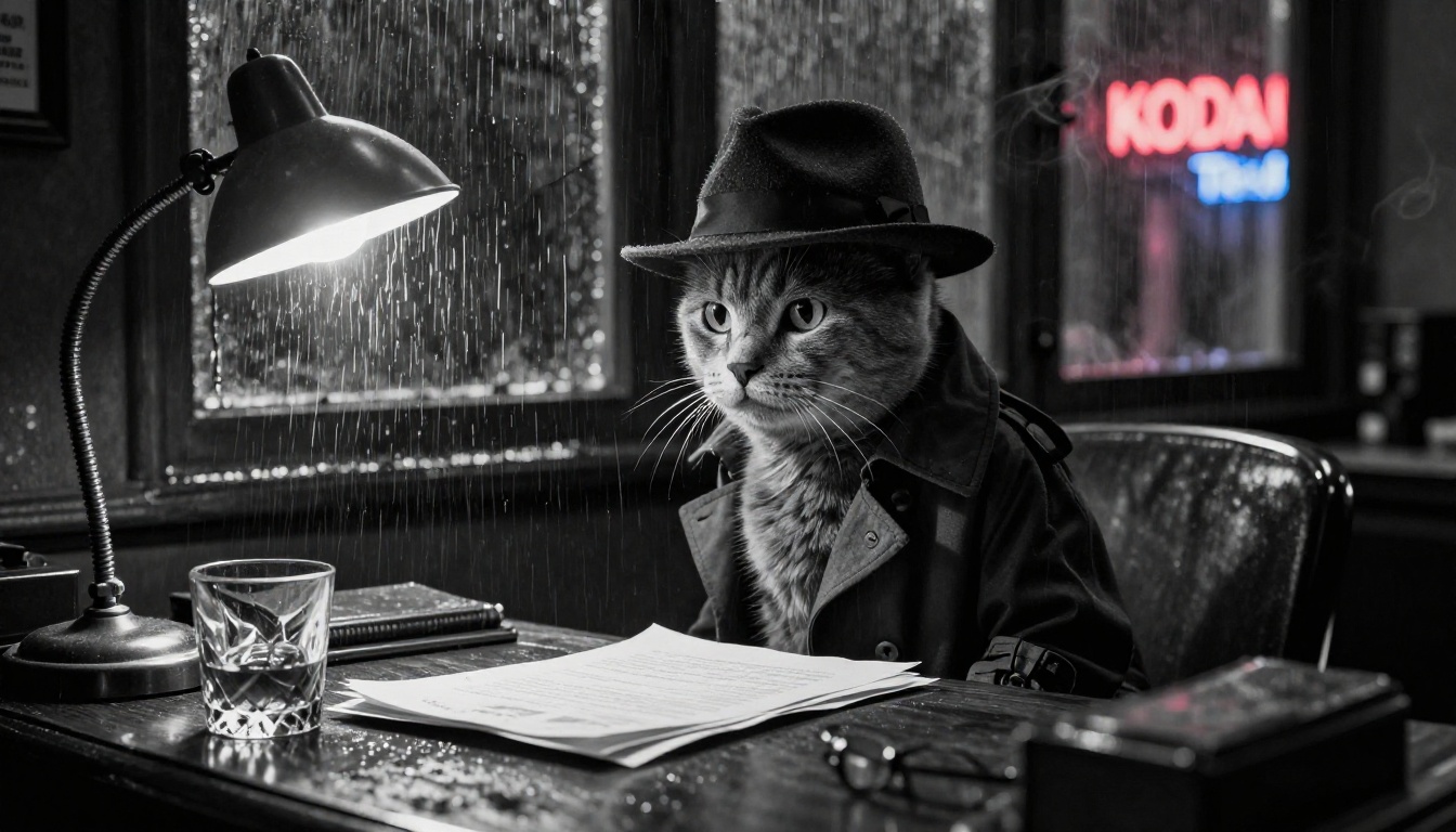 A grey cat in a 1940s film noir detective office with fedora and trench coat, single harsh lamp creating chiaroscuro shadows, rain on the window with neon reflections A grey cat in a 1940s film noir detective office with fedora and trench coat, single harsh lamp creating chiaroscuro shadows, rain on the window with neon reflections