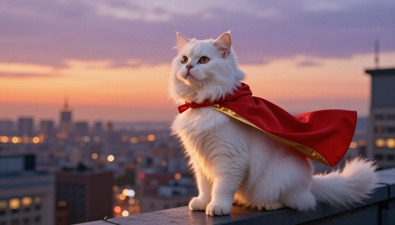 A white Persian cat as a superhero on a city rooftop at dusk, crimson cape billowing, city lights in the background bokeh, dramatic low-angle upward perspective