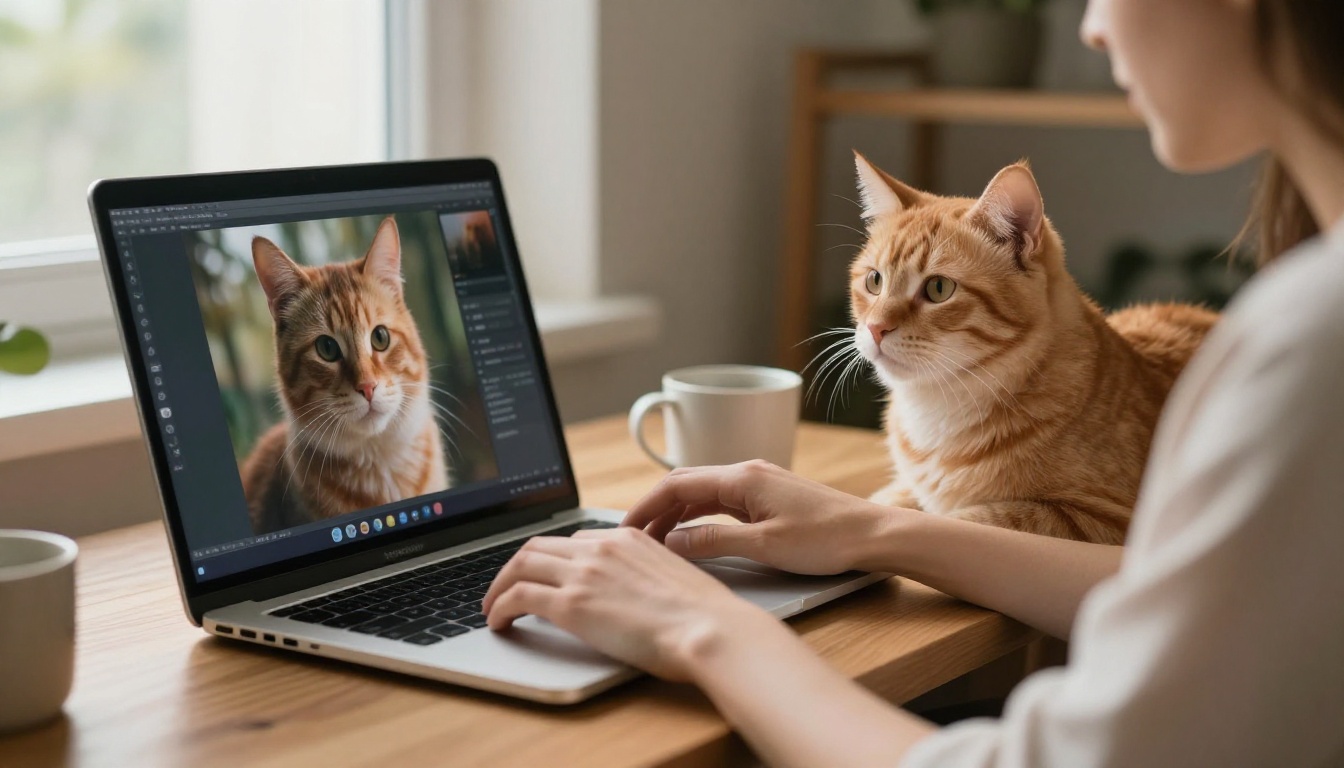 A person at a wooden desk with a ginger cat watching as they type an AI prompt, a cinematic cat portrait visible on the laptop screen A person at a wooden desk with a ginger cat watching as they type an AI prompt, a cinematic cat portrait visible on the laptop screen