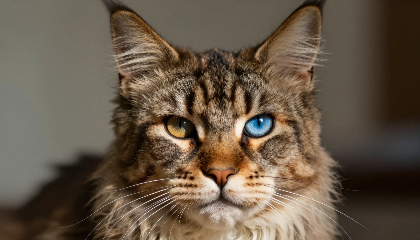 An extreme close-up portrait of a Maine Coon cat with heterochromatic eyes, dramatic single-source sidelight creating cinematic shadow, photorealistic fur detail An extreme close-up portrait of a Maine Coon cat with heterochromatic eyes, dramatic single-source sidelight creating cinematic shadow, photorealistic fur detail