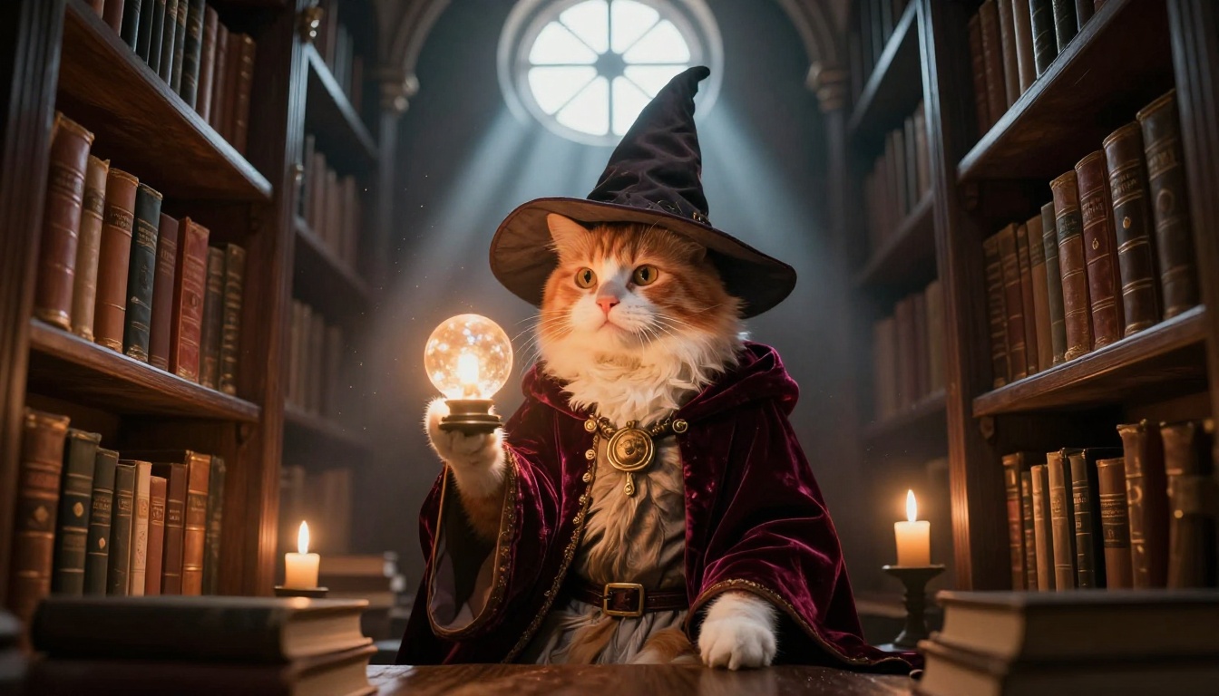 An orange and white cat dressed as a medieval wizard in a candlelit library tower, holding a glowing orb, warm amber volumetric light with dust motes visible