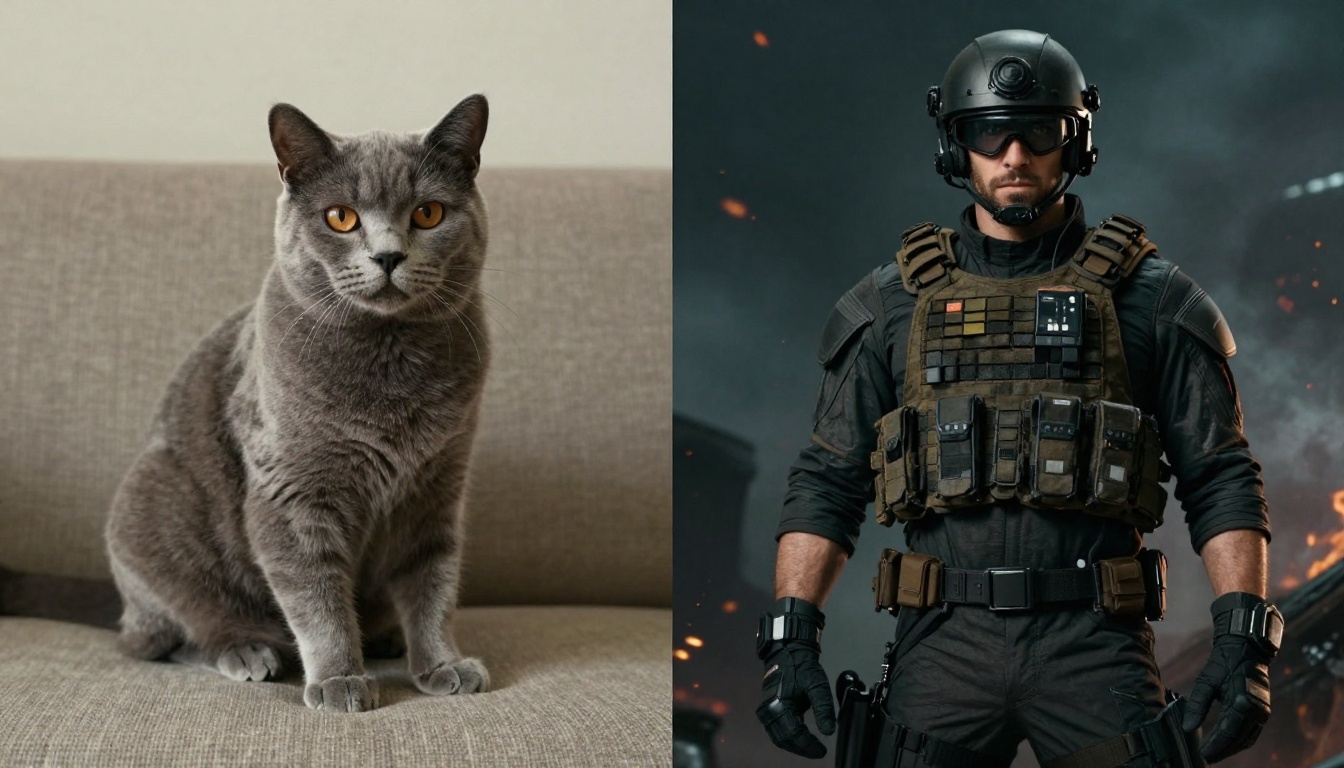 Side-by-side showing a grey cat on a sofa next to the same cat reimagined as a cinematic action hero in tactical gear