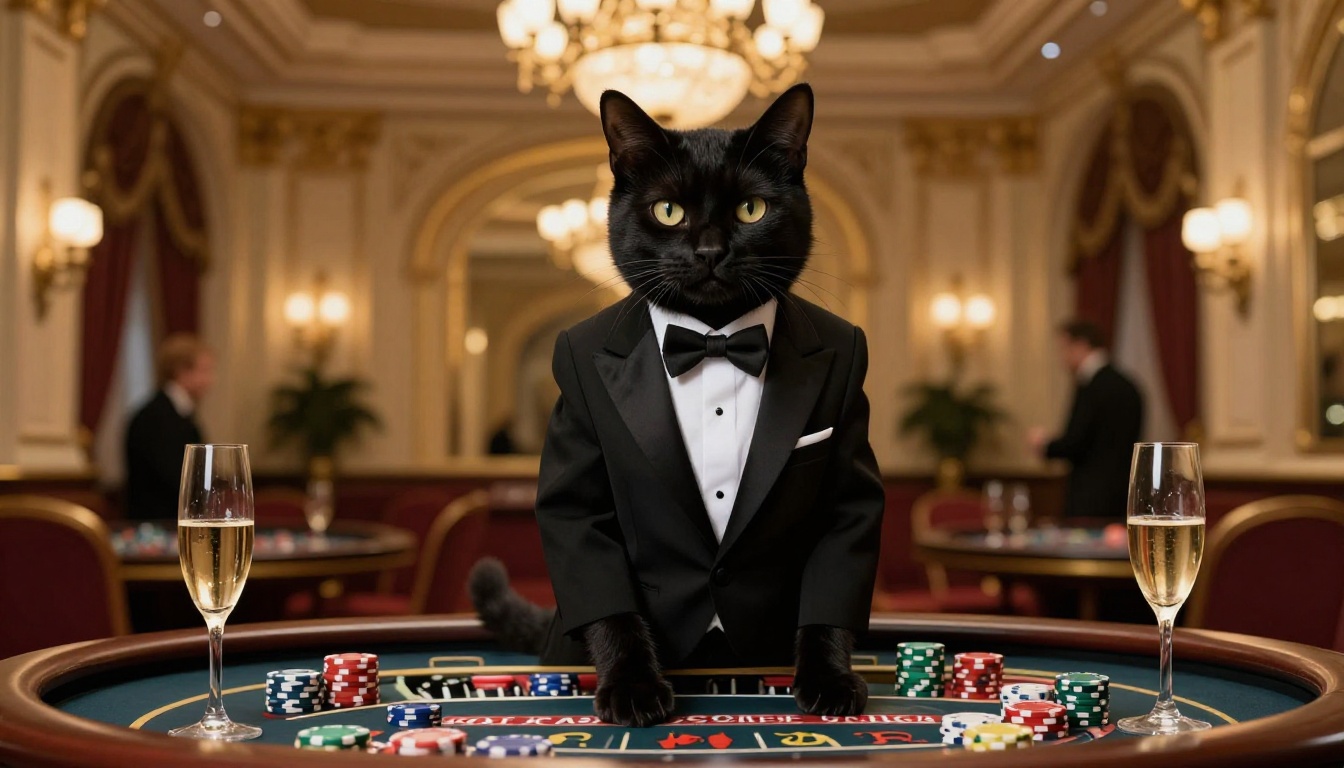 A black tuxedo cat in a perfectly tailored tuxedo suit at a European casino roulette table, chandelier lighting above, opulent gold and cream decor background blurred