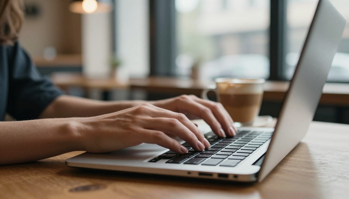 A creator's hands typing on a laptop keyboard in a warm café with natural afternoon light