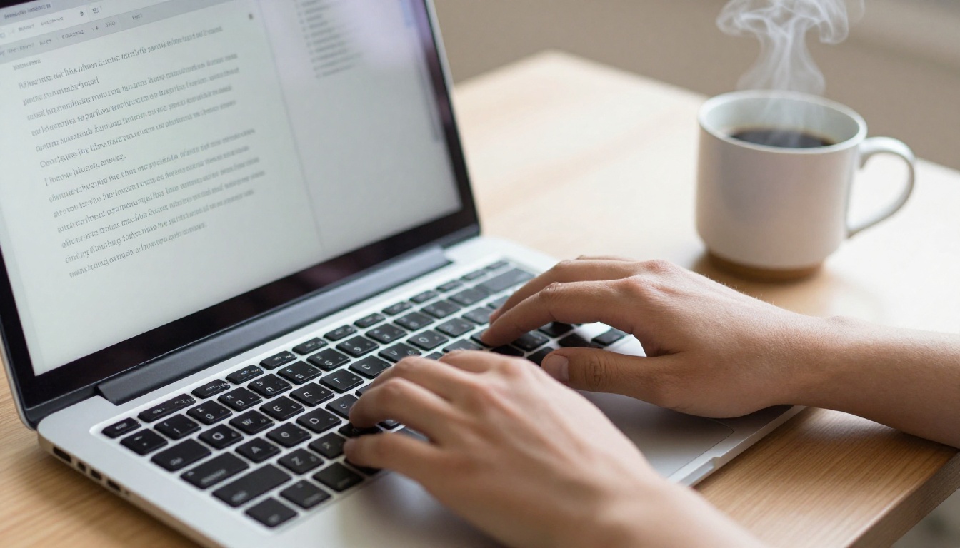 Close-up overhead of hands typing on a laptop with coffee cup nearby